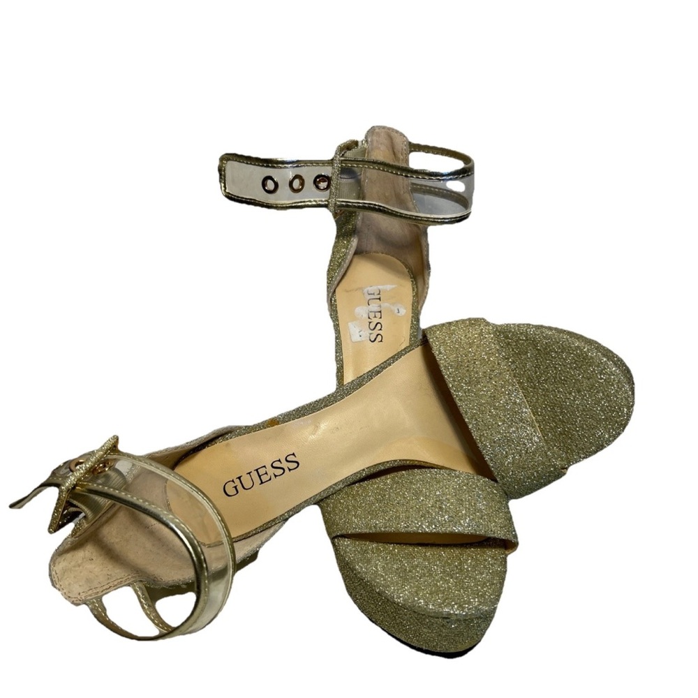 Guess Gold Glitter Platform Heels – Women’s 7.5 – 5” Block Heel – Party Shoes